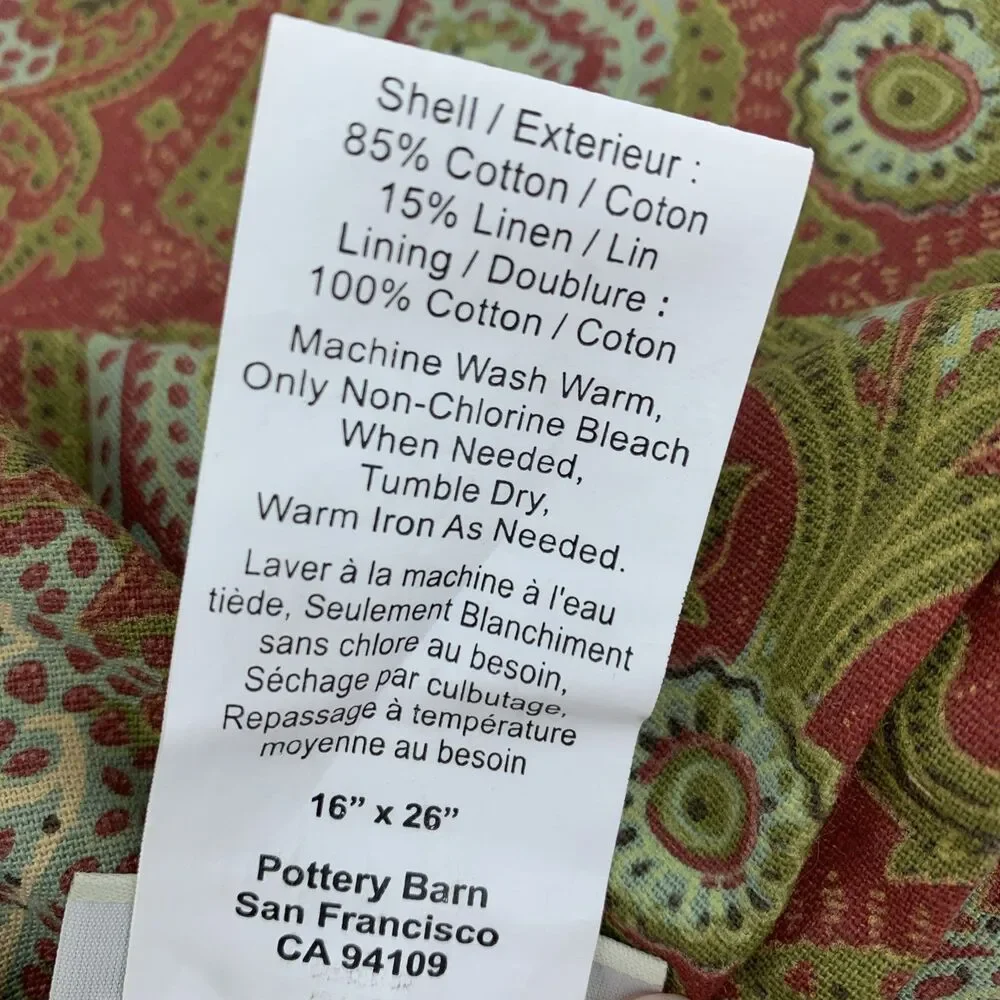 1- Pottery Barn Standard Pillow Sham 16x26 Cotton Linen Paisley Boho Farmhouse - Picture 6 of 6
